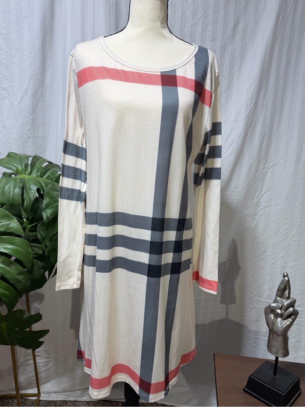 SMYS Elegant Ivory Plaid Long-Sleeve Swing Dress XL - Picture 5 of 8